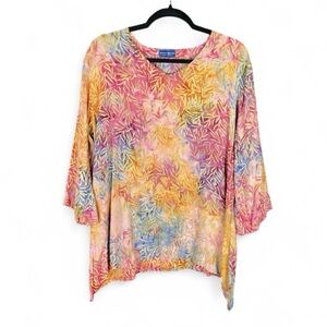 MEXICALI BLUES Women’s Watercolor Beachy Boho Hand Made 3/4 Sleeve Tunic Large